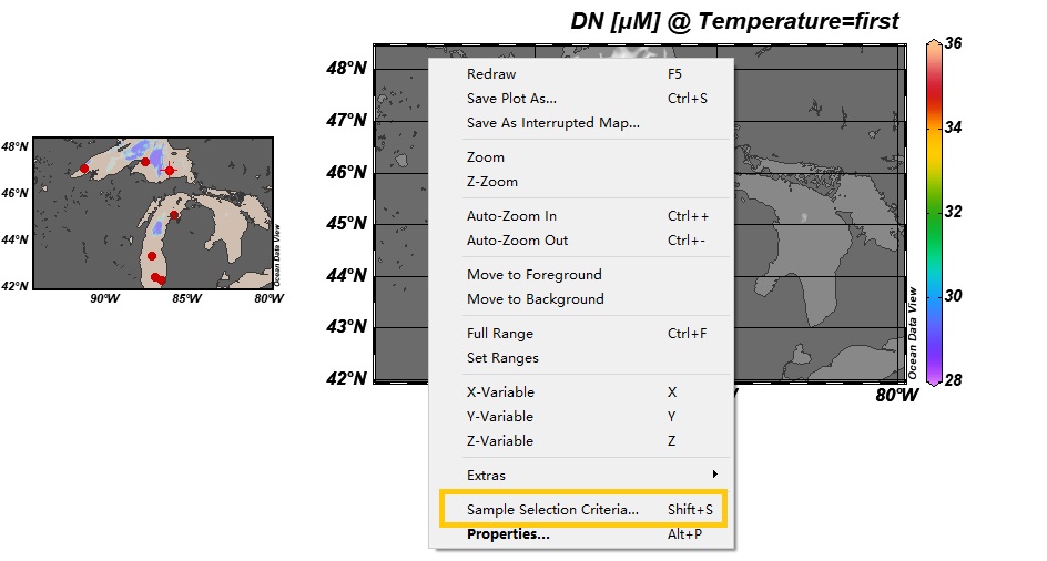 ODV可以对站位(Stattion)和样品(Sample)进行筛选。通过右击 Map--->Station Selection ...